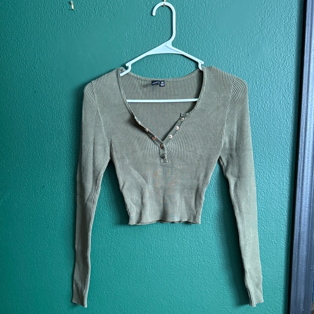 Olive Green Ribbed Long Sleeve Crop Top